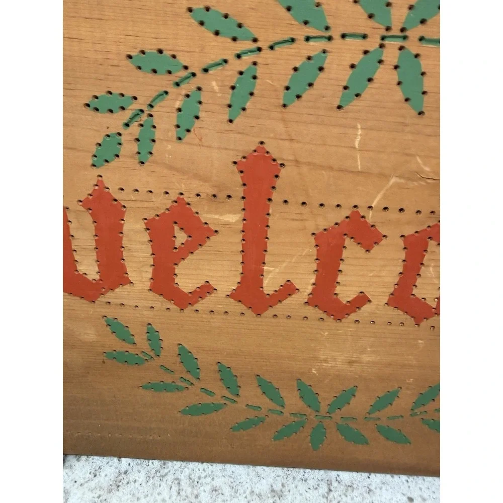 Vintage Welcome Wood Hang Sign Handmade Painted And Punched‎ Cottage Core Nice